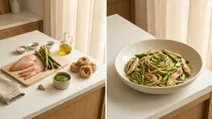 Makaron ze szparagami, kurczakiem i pesto – szybki obiad z 8 składników