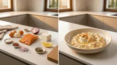 Pasta jajeczna z łososiem wędzonym na gorąco i twarogiem – gotowa w 15 minut